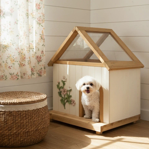 Maison pour animaux de compagnie en bois avec motif floral pour petits chiens, style villa d'intérieur, blanc et bois - Product Image 1