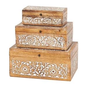Trending Premium Quality Handmade 3 Piece Solid Mango Wood <b>Box</b> Set Hand Carved Antique <b>Floral</b> Decorative Keepsake <b>Box</b> - Product Image 2