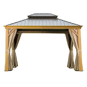 Gazebo de Aluminio con Techo Rígido de 10' x 12', Revestimiento de Madera, Acero Galvanizado, Techo Doble, Pérgola Metálica Permanente para Exteriores - Product Image 1