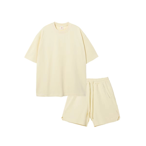 Light Yellow Cotton Tracksuit Set Crew Neck <b>Short</b> Sleeve Loose Fit Solid Color Breathable Summer Casual <b>Shorts</b> With Side Pockets - Product Image 5
