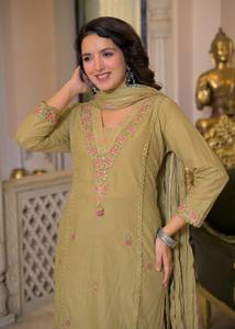 Traditional <b>Indian</b> Women's Olive Green Cotton Embroidered Knee-Length Quick Dry <b>Kurta</b> Set Pant Dupatta Regular Fit All Seasons - Product Image 4