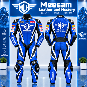 Combinaison de moto en cuir bleu pour homme, en cuir de vache, protection intégrale du corps, style kangourou - Product Image 1