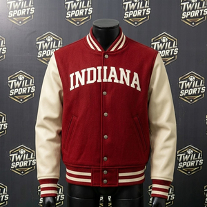Veste universitaire Indiana pour homme, rouge, avec manches en cuir, broderie, style bomber, style preppy, vêtement d'hiver - Product Image 1