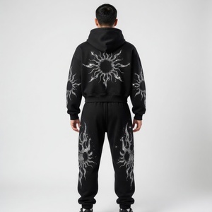 Glory Custom Black Fleece Zip-up Hoodie and Joggers <b>Set</b> with Silver Glitter Sun and Flame Graphic Street Wear Winter Tracksuit - Product Image 3
