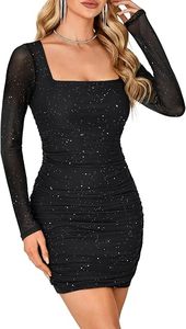 Robe mini de soirée pour femme à manches longues en résille, col carré, coupe ajustée, style clubwear sexy, modèle Signature - Product Image 2