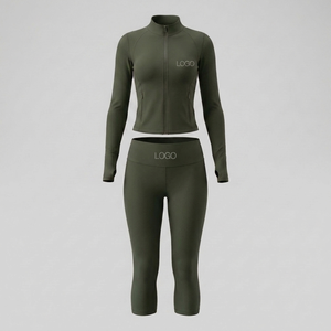 Custom Logo Women's 2 Piece <b>Set</b> Full Zip Long Sleeve Jacket with Pockets Holes High Waist Leggings OEM Tracksuit - Product Image 4