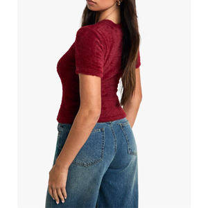 OEM Supplier Custom Wholesale Women's Solid Color Crew Neck Short Sleeve Knitted <b>Crop</b> <b>Top</b> Slim Fit 100% Acrylic Casual T-Shirt - Product Image 6