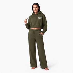 Trendy Olive Green Cotton Fleece Women's <b>Crop</b> Top Full Sleeves Drop Shoulder Hoodie And Wide Leg <b>Jogger</b> Pant Custom Logo - Product Image 2