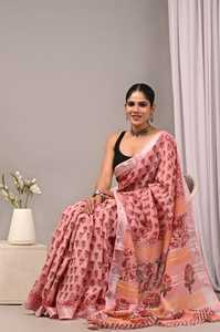 Sari en coton et lin de qualité supérieure imprimé à la main pour femmes – Vêtement ethnique indien traditionnel doux et respirant - Product Image 3