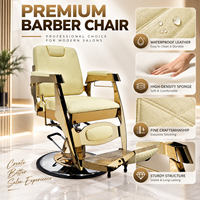 Fauteuil de Barbier Hydraulique de Luxe Crème avec Cadre Doré, Inclinable, avec Repose-Pieds pour Salon de Coiffure Professionnel
