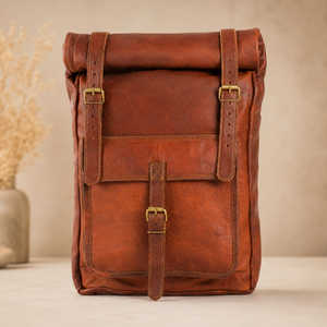 Vintage Brown Leather <b>Roll</b> <b>Top</b> <b>Backpack</b> Buckle Travel Rucksack Laptop Bag for Men Women Daily Office Use - Product Image 2