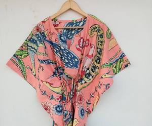 Robe Kaftan ample à imprimé floral vintage pour femmes, col en V, manches 3/4, 100% coton, style bohème indien fait main, plage - Product Image 1