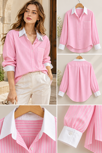 Women's Pink Striped <b>Long</b> Sleeve Button Down Shirt With <b>White</b> Collar And Cuffs Casual Loose Fit Spring Summer Blouse - Product Image 1
