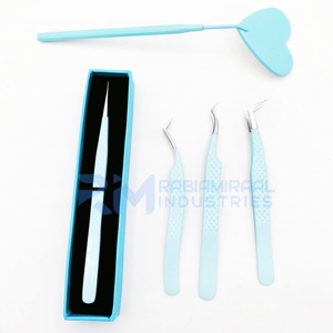 Pince à épiler de précision RMI en acier inoxydable 10 mm à pointe argentée, revêtement en poudre bleue, poignée diamantée, miroir pour cils - Product Image 5