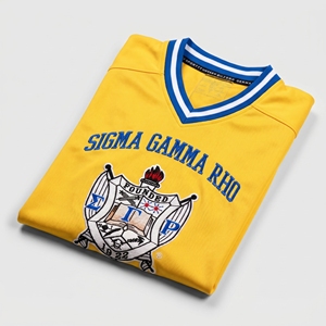 Maillot de basket jaune pour homme Sigma Gamma Rho, col en V, manches courtes, logo imprimé, polyester à séchage rapide - Product Image 2
