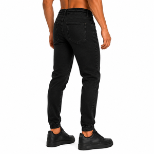 Men's Black High <b>Waist</b> Slim Fit Denim <b>Jeans</b> With Drawstring <b>Elastic</b> <b>Waist</b> And Cuffed Ankle Casual Style Autumn Wear - Product Image 6