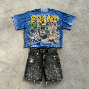 ชุดเซ็ตสองชิ้นสไตล์วินเทจสตรีทแวร์แบบทำเก่า ลายพิมพ์ DTG แบบ Acid Wash เสื้อยืดประดับเพชร กางเกงยีนส์ขาสั้น จากผู้ผลิตมืออาชีพ - Product Image 2