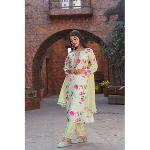 Magnifique ensemble haut et bas en tissu mousseline de soie taille XL avec dupatta pour tenue de soirée - Product Image 3