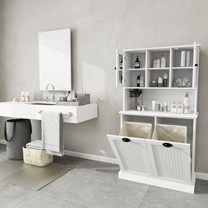 Mobiletto Alto da Bagno Bianco a Due Scomparti con Cesto per Biancheria Sporca Ribaltabile e 2 Ripiani Regolabili - Product Image 4