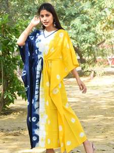 Sari Reversible de Algodón de Secado Rápido para Mujer, Amarillo y Azul, Tie Dye, Tradicional, Corte Regular, Largo hasta el Suelo, Ropa Casual, India, Pakistán - Product Image 1