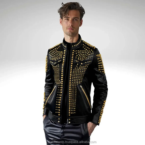 Blouson moto en cuir PU noir pour homme avec rivets dorés, col montant, fermeture éclair, coupe ajustée, manteau streetwear d'automne - Product Image 4