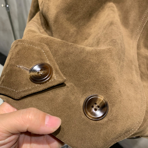 Women's Olive Green Cow Suede Safari Jacket <b>Double</b> Breasted Turn-down Collar <b>Quilted</b> Lining Autumn Style - Product Image 4