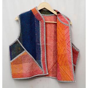 Chaleco Vintage Naranja para Mujer con Cuello en V, Adornos de Patchwork, Prenda Exterior Informal, 100% Algodón, Hecho a Mano, Ecológico y Transpirable - Product Image 3