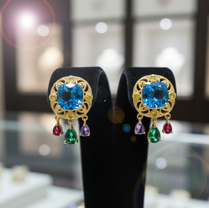 Blue Topaz Hydro <b>Cushion</b> Cut Earrings CZ 925 Sterling Silver 18K Gold Plated Designer <b>Statement</b> Earrings Party Wear - Product Image 1