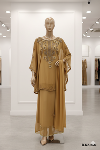 Ensemble Abaya Maxi Élégant Or Ambré Brodé à la Main, Luxueux en Chiffon Perlé pour Occasions Spéciales, avec Foulard Assorti à Détails Floraux - Product Image 2