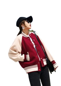 High Quality Splicing Color Leather Sleeves Women's Varsity Jackets Button Down <b>Distressed</b> Outerwear Classic Oversized Jacket - Product Image 6