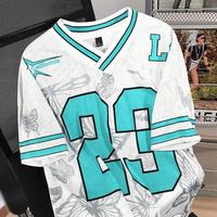 Kaos Jersey Mesh V-Neck Unisex Musim Panas, Bernapas, Ukuran Besar, Sablon Transfer Panas Angka & Huruf, Custom 100%