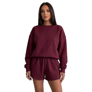 2026 Spring Casual and Elegant Two-piece <b>Set</b> High Quality 100% Soft Cotton Crewneck Sweatshirt Top Sweatshirt and Shorts Women - Product Image 3