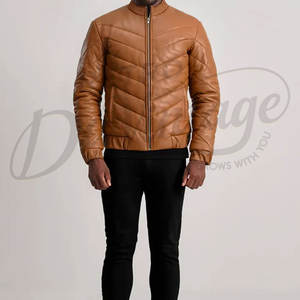 Blouson Homme Marron Tan en Similicuir Matelassé Style Bomber Col Montant Coupe Slim Décontracté Motard - Product Image 4