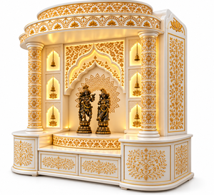 Gran Mandir Moderno con Aspecto de Mármol para Sala de Pooja, Estilo Jharokha, Templo de Madera de Teca para el Hogar, Blanco y Dorado, Mandir para Pooja, EE. UU. - Product Image 2