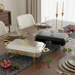 Ensemble de réchauds rectangulaires avec couvercles et poignées ornés de diamants, idéal pour les dîners haut de gamme et les événements de mariage - Product Image 1