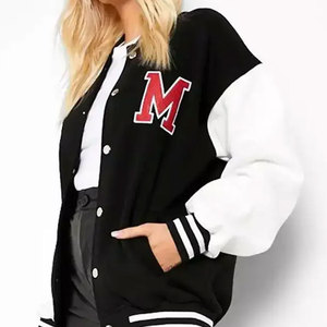 Chaqueta Deportiva Unisex Econex, Estilo Universitario, Color Negro y Blanco, Letra M Bordada, Forro Polar, Estilo Preppy, Manga Larga, Cuello Alto, Ropa de Invierno - Product Image 3