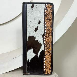 Vente flash : Étui de voyage portable pour bijoux en cuir véritable, fait main, style western, en cuir de vache avec poils, fermeture éclair, organiseur - Product Image 4