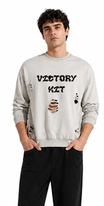 Custom Mens Distressed Crewneck Sweatshirt Vintage Ripped Pullover Streetwear Casual Cotton Blend Hoodie Style Top - Product Image 2