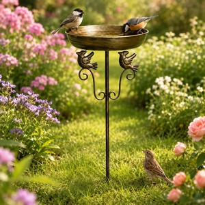 Mangeoire extérieure pour oiseaux en laiton moulé, double station d'eau et de nourriture, bain pour oiseaux sauvages avec support en laiton, pour patio - Product Image 4