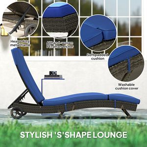 Chaise longue da esterno blu scuro con telaio in alluminio e vimini in PE, schienale regolabile e 2 ruote - Product Image 6