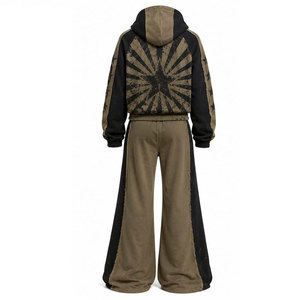 Ensemble de survêtement unisexe à capuche, manches longues, coupe ample, imprimé motif géométrique, streetwear, vêtements d'automne, noir, vert olive - Product Image 3