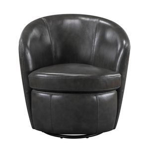 Fauteuil pivotant de luxe 1 pièce avec dossier en forme de baril, en bois massif et revêtement en cuir pleine fleur gris, pour salon - Product Image 2