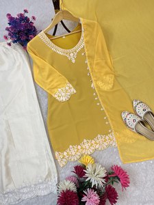 Conjunto de Kurti y Palazzo de Georgette Sintética de Diseño con Palazzo de Seda Chinon Bordado y Dupatta de Encaje Kodi de Cuatro Lados, Ropa al por Mayor - Product Image 1