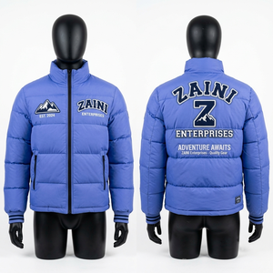 เสื้อแจ็คเก็ตพัฟเฟอร์ผู้ชาย พรีเมียม ผ้าโพลีเอสเตอร์ 100% หนา 280 GSM บุใยควิลท์ อุ่นสบายสำหรับฤดูหนาว สีน้ำเงิน ปักโลโก้ตามสั่ง - Product Image 1