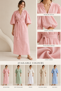 Vestido Maxi Rosa de Lino Sólido con Mezcla de Telas, Cintura Natural, Lazo, Manga Abullonada, Cuello en V, Estilo Casual Cruzado para Viajes de Verano - Product Image 4