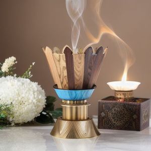 <b>Wooden</b> bakhoor burner stand with metal plate and tealight incense warmer adjustable height charcoal resin burner home fragrance - Product Image 1