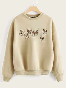 Sudadera de Cuello Redondo para Mujer, 100% Algodón, Diseño de Mariposa Bordada, Corte Regular, Informal de Otoño, Manga Larga - Product Image 4