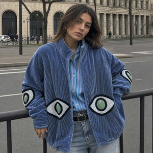 Veste en velours pour femmes grandes tailles EcoDari, style vintage, imprimé yeux brodés, col montant, col détachable, fermeture éclair, veste Suzani en coton - Product Image 3