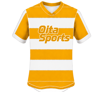 Golden <b>Yellow</b> White Short Sleeve Rugby Jersey Crew Neck Striped Rugby <b>Shirt</b> Athletic Performance Training Match Team Sportswear - Product Image 1