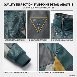 Chaqueta de Cuero Genuino para Hombre en Color Verde Azulado Oscuro, con Cuello Alto, Bordado Gráfico de Ojos y Parches, Estilo Motero - Product Image 6